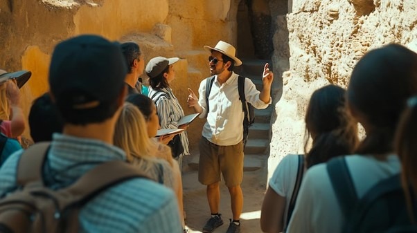 Christian tour guide explaining a biblical site to pilgrims